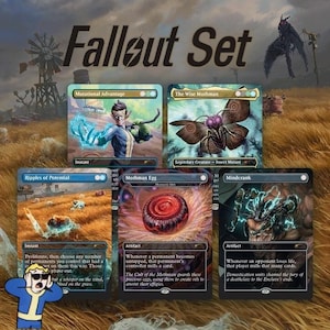 May include: A collection of five Fallout Set trading cards featuring Mutational Advantage, The Wise Mothman, Ripples of Potential, Mothman Egg, and Mindcrank. Each card displays unique fantasy artwork, text, and game mechanics against a wasteland background.