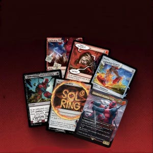 May include: A collection of Magic: The Gathering trading cards featuring Deadpool and other characters. The cards have various illustrations and text, including "Lightning Dog", "Deadly Dispute", and "Lightning Greaves". The cards are on a dark red background.