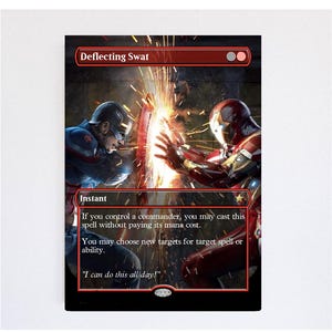 May include: A collectible trading card titled Deflecting Swat featuring an illustration of Captain America and Iron Man in combat. The card displays game text, mana symbols, and the quote I can do this all day, set against a dark background with sparks.