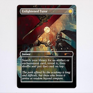 May include: A Magic: The Gathering card titled "Enlightened Tutor." The card features a fantasy illustration with a knight, a full moon, and a dark, ominous background. The text on the card describes its function within the game.