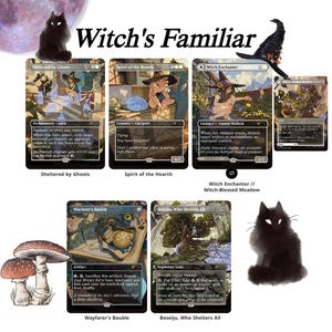 May include: A collection of five illustrated trading cards titled Witch's Familiar, featuring fantasy artwork of characters, spirits, and landscapes. The cards include Sheltered by Ghosts, Spirit of the Hearth, Witch Enchanter, Wayfarer's Bauble, and Boseiju, Who Shelters All, decorated with black cat and mushroom graphics.