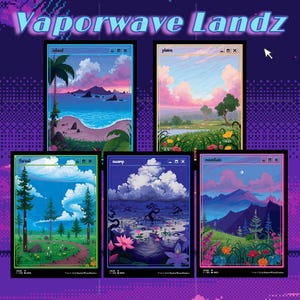 May include: Five landscape art prints with a retro computer interface design. Each print features a different environment: island, plains, forest, swamp, and mountain. The prints have a pixelated aesthetic with vibrant colors and the text "Vaporwave Landz".