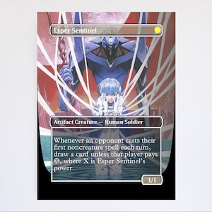 May include: Esper Sentinel trading card featuring a blue robot and a person with blue hair. The card reads "Artifact Creature - Human Soldier" and includes game text. The card has a 1/1 power and toughness.