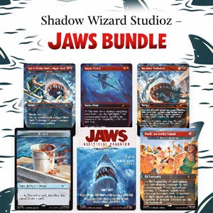 May include: A bundle of six trading cards with artwork inspired by the film "Jaws." The cards show scenes with sharks and people, with text reading "JAWS BUNDLE," "Shadow Wizard Studioz," and card titles such as "Sneak Attack" and "Panic on Amity Island."