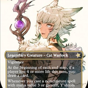 May include: A fantasy card featuring Y'shtola, Night's Blessed, a Cat Warlock. The artwork depicts a female character with cat-like features, holding a staff with a purple orb. The card includes text describing abilities and stats, with a power/toughness of 2/4.