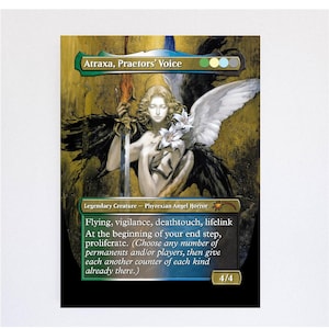 May include: A collectible trading card titled Atraxa, Praetors' Voice featuring a winged figure with long hair holding a sword with a flame tip and white lilies. The card text includes the creature type Phyrexian Angel Horror and game rules.