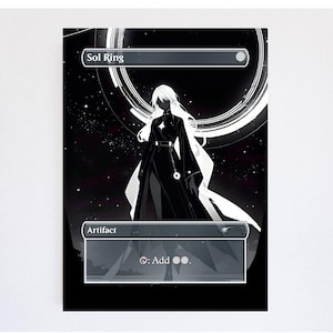 May include: A rectangular trading card featuring a black and white illustration of a figure with long hair in a dark robe standing before a large circular ring. The text Sol Ring, Artifact, and the symbol for adding two colorless mana are visible.