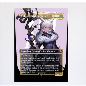 May include: A collectible trading card featuring the character Y'shtola, Night's Blessed, depicted as a cat warlock with white hair and ears. The card displays game text, a 2/4 power and toughness rating, and a dark staff with a purple orb.