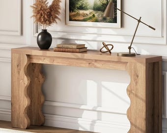 70.9 Farmhouse Console Table, Extra Long Wavy Wood Grain Entryway Sofa Table