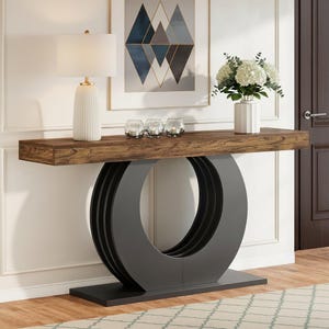 63 '' Rustic Industrial Console Table, Narrow Farmhouse Entryway Table, Black Circle Base