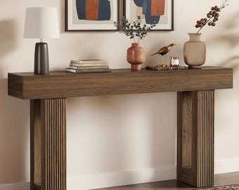 63-Inch Fluted Console Table, Narrow Entryway Japandi Hallway Table