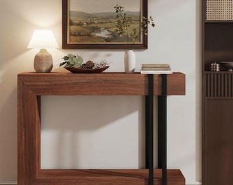 Narrow 2-Tier Console Table, Wood Metal Hallway Entryway Sofa Table