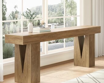 Extra Long Rustic Console Table, Narrow Entryway Sofa Table, V-Shape Pedestal Base