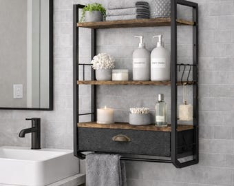 Rustic Industrial 3-Tier Bathroom Shelf, Towel Rack with Drawer
