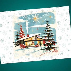 May include: A retro-style Christmas card featuring a modern house with a fireplace and a Christmas tree in the front yard. The house is surrounded by snow and there are snowflakes in the background.