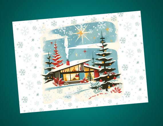 Mid Century Modern Blank Note Cards Set of 6  -- MCM Christmas, 1950s Christmas Stationary, Set 1