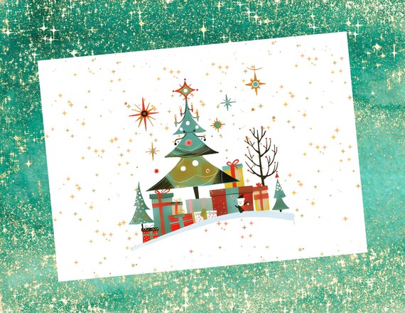 Mid Century Modern Blank Note Cards Set of 6  -- MCM Christmas, 1950s Christmas Stationary