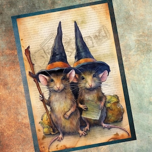 May include: Two brown mice wearing black witch hats with orange trim and holding scrolls. The mice are standing on a vintage background with text.