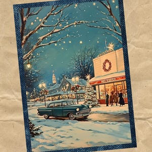 May include: A vintage Christmas scene with a blue car parked in front of a store with a lit Christmas tree in the window. The store is decorated with a wreath and the sign reads "The Village Register". The scene is set at night with snow on the ground and stars in the sky.