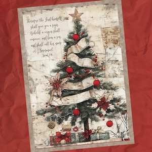 May include: A vintage-style Christmas card featuring a stylized Christmas tree with red ornaments, a star on top, and a banner with the text "Therefore the Lord himself shall give you a sign: Behold, a virgin shall conceive, and bear a son, and shall call his name Immanuel. Isaiah 7:14".