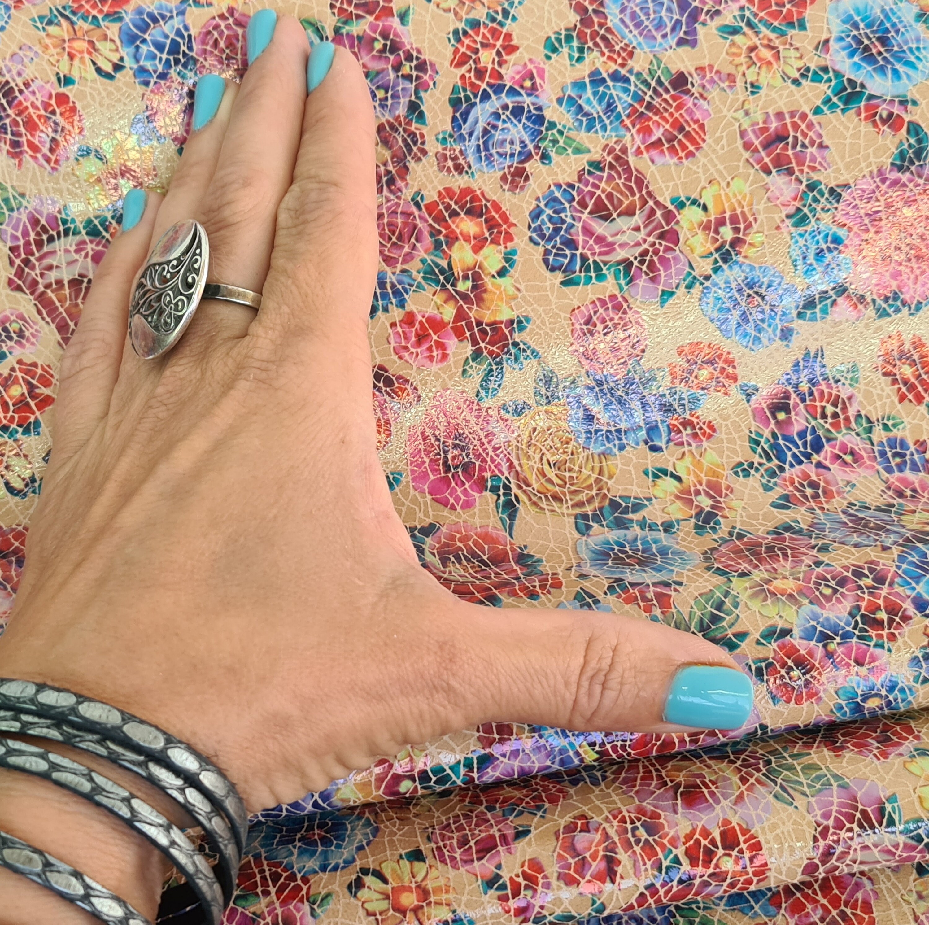 Flower Print Leather Sheet Multicolored Flowers on Tan Etsy