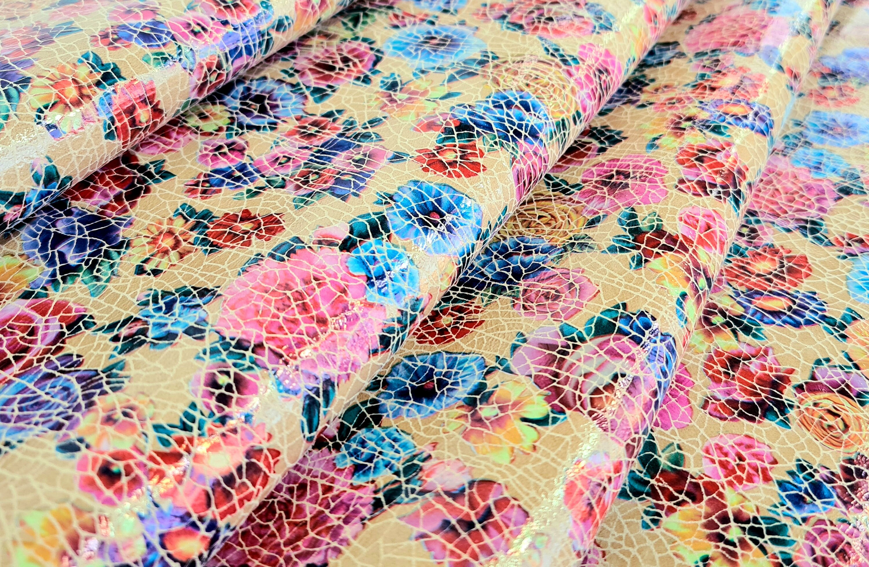 Flower Print Leather Sheet Multicolored Flowers on Tan Etsy