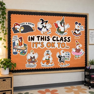 Op de afbeelding: Een rechthoekig prikbord voor in de klas met een oranje achtergrond en een zwarte geschulpte rand. De tekst luidt IN THIS CLASS IT'S OK TO.., omringd door illustraties van ganzen in diverse kostuums met labels zoals TAKE A BREAK en STIM.