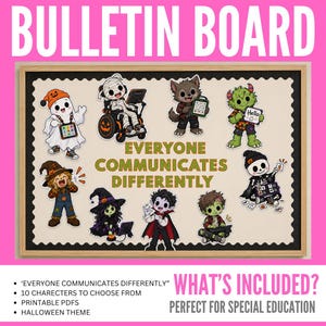 Puede incluir: Un tablón de anuncios con el texto EVERYONE COMMUNICATES DIFFERENTLY en letras verde oliva. Alrededor del texto hay diez personajes de dibujos animados de Halloween, incluyendo un fantasma, una momia en silla de ruedas y un hombre lobo.