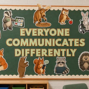 Puede incluir: Un tablón de anuncios verde con el texto EVERYONE COMMUNICATES DIFFERENTLY en letras grandes. Presenta ilustraciones de un tejón, alce, búho, conejo en silla de ruedas, ciervo, erizo, mapache, ardilla, oso, zorro y un sasquatch con herramientas de comunicación.