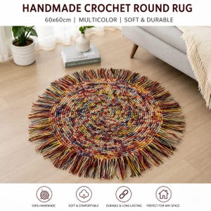Handgjord rund ullmatta - Färgglad spiralformad plattvävd matta för vardagsrum, Boho fransad cirkelmatta