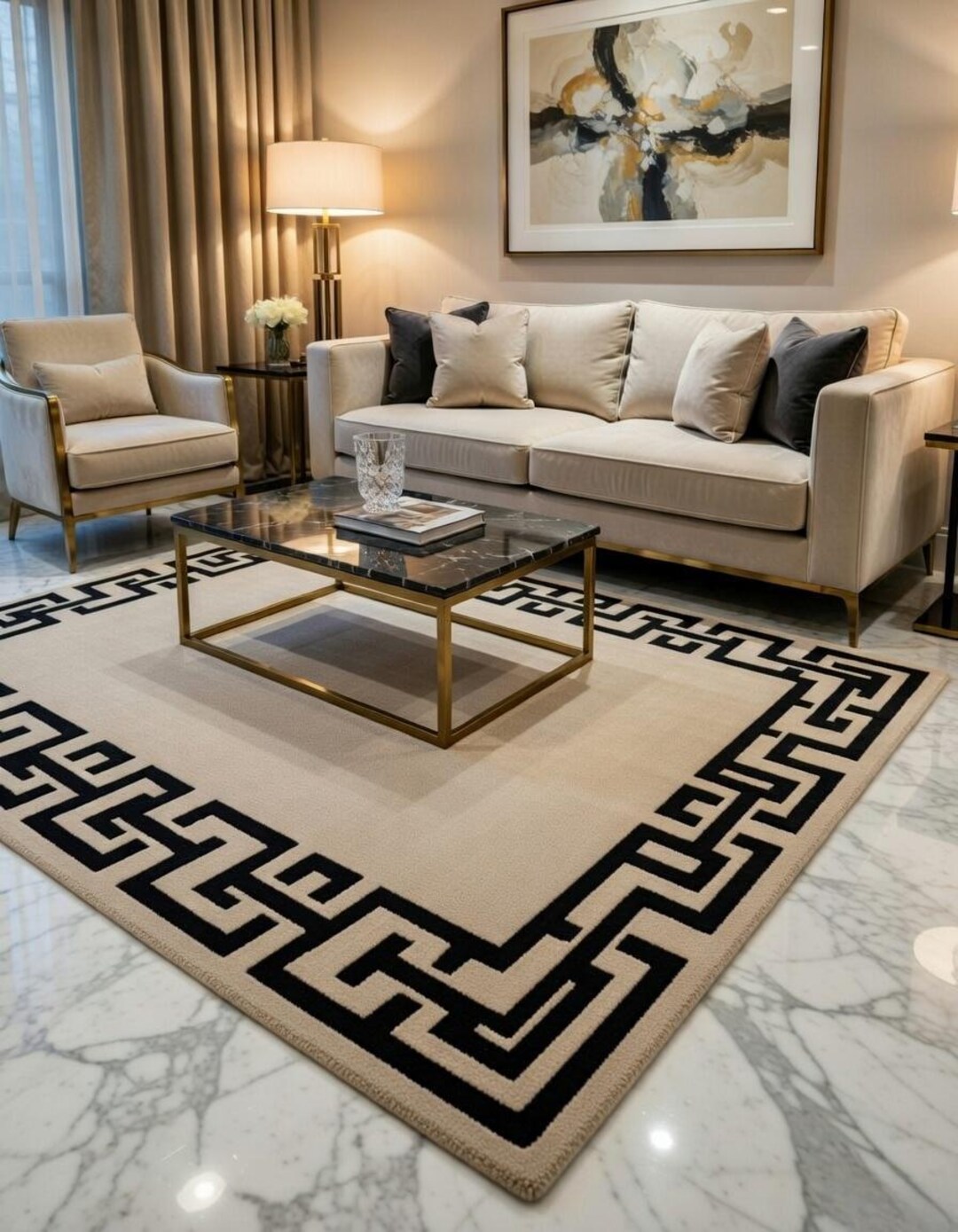Cream Rug Key Design Greek Key Area Rug, Hand Tufted Cream Beige & Black Border Rug, Neutral ...