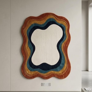 Handgeknüpfter, unregelmäßig geformter Wollteppich, farbenfroher Teppich im Mid-Century-Modern-Stil, Retro-Boho-Dekor