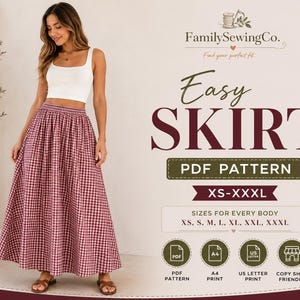 May include: A floor-length skirt with a red and white gingham pattern, featuring an elastic waistband. The text reads FamilySewingCo. Easy SKIRT PDF PATTERN XS-XXXL SIZES FOR EVERY BODY XS, S, M, L, XL, XXL, XXXL PDF PATTERN A4 PRINT US LETTER PRINT