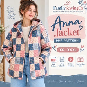 May include: A quilted hooded jacket featuring a patchwork design of blue, pink, and cream floral and plaid squares. The text reads FamilySewingCo, Anna Jacket, PDF PATTERN, XS-XXXL, PDF Pattern, A4 & US Letter, Instant Download, Step-by-Step Guide.