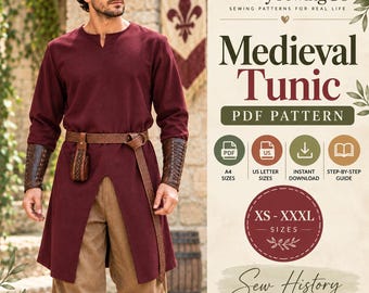 Puede incluir: Una túnica de color burdeos de manga larga con una abertura frontal, usada con un cinturón marrón y brazaletes marrones. La imagen incluye el texto: FamilySewingCo, Medieval Tunic, PDF Pattern, A4 Sizes, US Letter Sizes, Instant Download, Step-by-Step Guide, XS-XXXL.