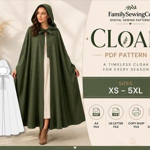 Puede incluir: Un patrón de costura digital para una capa con capucha de color verde oliva hasta el suelo con cierre de lazo en el cuello. El gráfico incluye el texto FamilySewingCo. CLOAK PDF PATTERN, tallas XS-5XL e iconos para archivos A4 y US Letter.