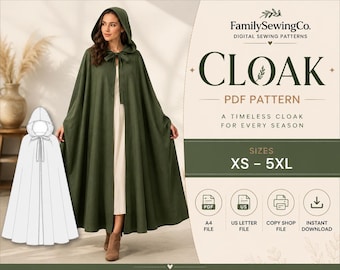 Naaipatroon voor een cape met capuchon (PDF), capepatroon, magische jurk, middeleeuwse jurk, lange cosplaycape, vintage cape, projectkostuum, cape (digitale download).
