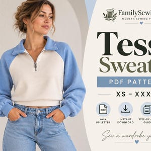 May include: A PDF sewing pattern for the Tess Sweater, featuring a two-tone design with a cream-coloured body and light blue raglan sleeves, a collar, and a front zip. The pattern includes sizes XS to XXXL, with icons for A4 and US letter formats.