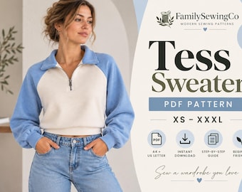 Patroon voor een sweater met rits voor dames (PDF, maat XS-XXXL). Eenvoudig naaipatroon voor beginners. Digitale download.