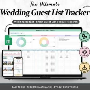 Puede incluir: Un ordenador portátil, una tableta y un smartphone muestran un rastreador de lista de invitados de boda. La pantalla del portátil muestra una hoja de cálculo con gráficos y campos de datos. El texto dice "Wedding Guest List Tracker" y "Wedding Budget | Smart Guest List | Venue Research."
