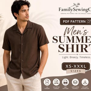 May include: A dark brown short-sleeved button-down shirt with a collar. The image includes text: FamilySewingCo, PDF PATTERN, Men's SUMMER SHIRT, Light. Breezy. Timeless., XS-XXXL SIZES, A4 FORMAT, US LETTER FORMAT, PDF PATTERN, COPY SHOP FRIENDLY, INSTANT DOWNLOAD, STEP-BY-STEP GUIDE.