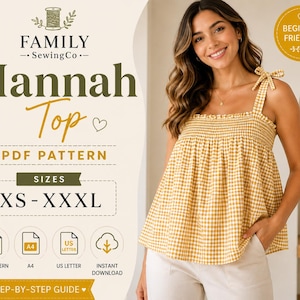 Può includere: Un cartamodello PDF per il top Hannah di Family SewingCo. Il design presenta un top senza maniche a quadretti vichy gialli e bianchi con corpetto arricciato e spalline da annodare. Il modello include le taglie dalla XS alla XXXL ed è disponibile per il download immediato nei formati A4 e US Letter con una guida passo dopo passo.