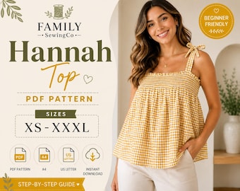 Naaipatroon voor een damestop: top met plooien, top met schouderbandjes, damesblousepatroon, eenvoudig zomertopje (XS-XXXL), beginnersvriendelijk, digitale download.