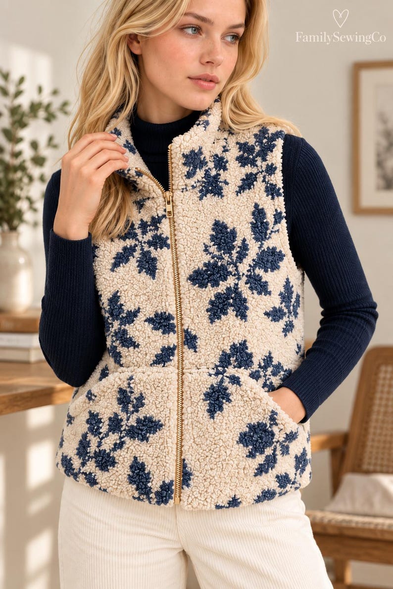 K&ouml;nnte beinhalten: Eine &auml;rmellose Rei&szlig;verschlussweste aus cremefarbenem Sherpa-Fleece mit dunkelblauem Blumenmuster. Das Kleidungsst&uuml;ck hat einen hohen Kragen, einen mittigen Rei&szlig;verschluss aus goldfarbenem Metall und zwei Vordertaschen. Der Text FamilySewingCo ist sichtbar.