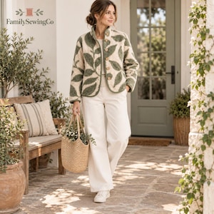 May include: A cream-colored jacket featuring a green leaf pattern, a high collar, and a front button closure. The jacket is paired with cream-colored wide-leg trousers and white sneakers. A woven straw tote bag is carried in one hand.