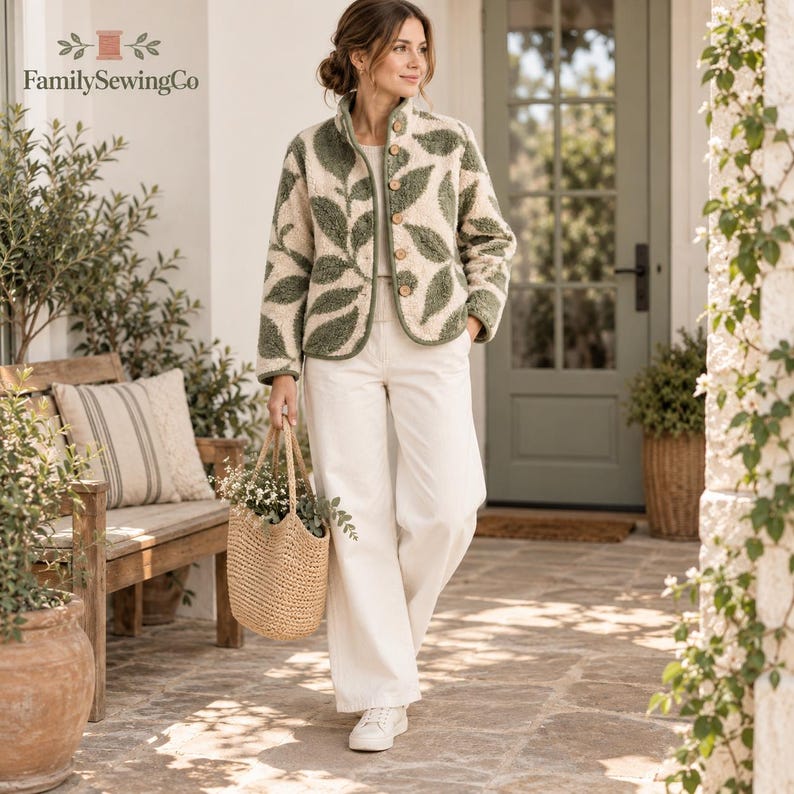 May include: A cream-colored jacket featuring a green leaf pattern, a high collar, and a front button closure. The jacket is paired with cream-colored wide-leg trousers and white sneakers. A woven straw tote bag is carried in one hand.