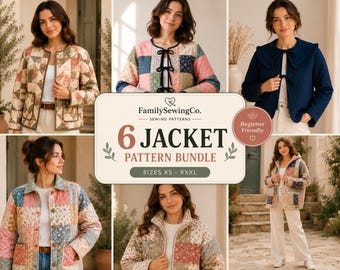 Naaipatronenbundel voor gewatteerde jassen: Damesjas met capuchon en ritssluiting, kraag, patchwork vest, winterjaspatroon (PDF, XS XXXL, digitale download).
