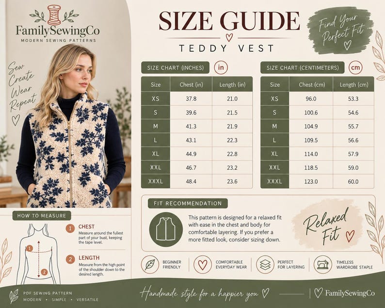 K&ouml;nnte beinhalten: Eine Gr&ouml;&szlig;entabelle f&uuml;r ein Teddy-Weste-Schnittmuster von FamilySewingCo. Sie zeigt eine beige Weste mit dunkelblauem Blattmuster, zwei Gr&ouml;&szlig;entabellen in Zoll und Zentimetern, eine Messanleitung und Text zur lockeren Passform des Kleidungsst&uuml;cks.
