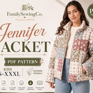 May include: A quilted jacket featuring a patchwork floral pattern in muted tones of red, blue, and green. The text reads FamilySewingCo. Jennifer JACKET PDF PATTERN SIZES XS-XXXL. Icons indicate PDF, A4, US Letter, copy shop, and step-by-step guide.