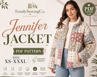 Naaipatroon voor een damesjas met rits, gewatteerd patchworkpatroon, eenvoudig te gebruiken (PDF, maten XS-XXXL) en direct te downloaden.